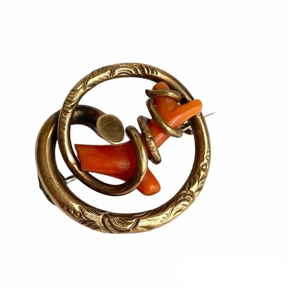 Victorian 14K Gold Coral Lovers Knot Brooch Eternal Love Pin Dainty Antique - Picture 1 of 9